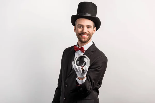 Professional Magician Holding Magic Ball Isolated Grey — Stock Photo, Image