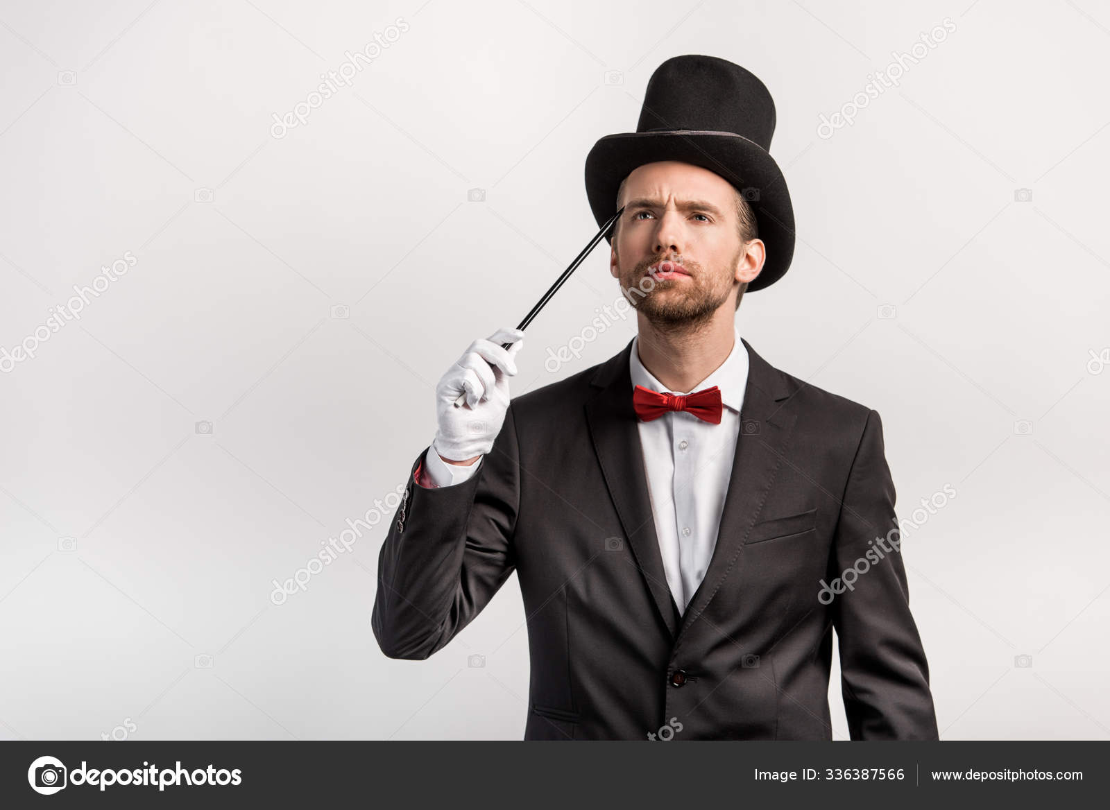 Pensive Magician Suit Hat Holding Wand Isolated Grey — Stock Photo ...