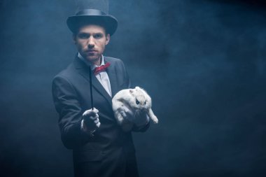 professional magician in suit showing trick with wand and white rabbit, dark room with smoke clipart