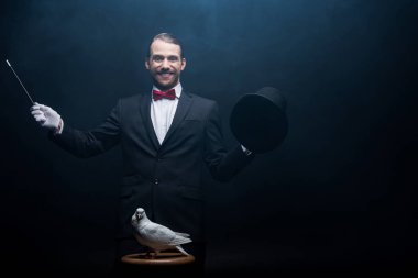 Mutlu sihirbaz karanlık odada dumanlı güvercin, değnek ve şapkayla numara yapıyor. 