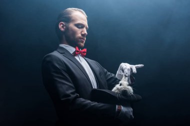 professional magician taking white rabbit from hat, dark room with smoke clipart