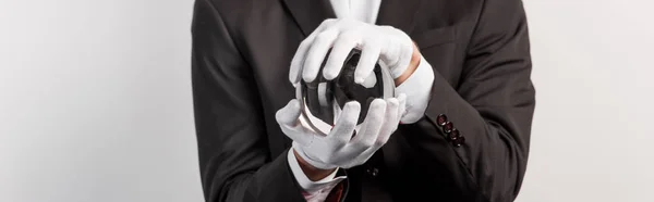 Cropped View Professional Magician Holding Magic Ball Isolated Grey Panoramic — Stock Photo, Image