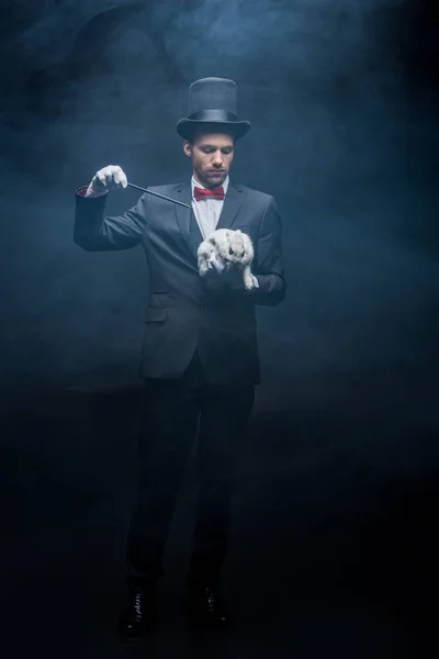 Professional Young Magician Suit Hat Showing Trick Wand White Rabbit — 스톡 사진