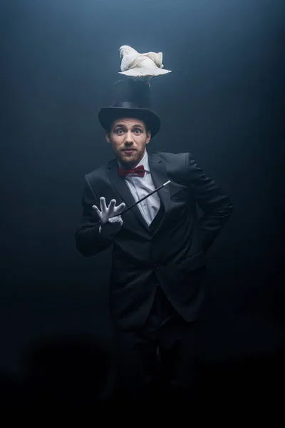 Emotional Magician Hat Dove Holding Wand Dark Room Smoke — Stock Photo, Image