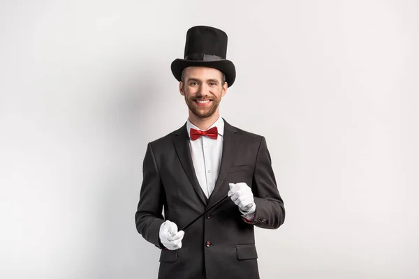 Feliz Mago Con Traje Sombrero Sosteniendo Varita Gris — Foto de Stock