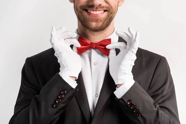 身着红色领结和手套 与灰色隔离的微笑魔术师的剪影 — 图库照片