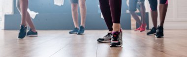 Dans stüdyosunda zumba eğitimi veren çok kültürlü dansçıların görüntüsü, panoramik çekim.