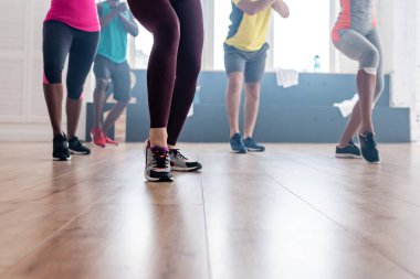 Dans stüdyosunda zumba hareketleri yapan çok kültürlü dansçıların kesikli görüntüsü.