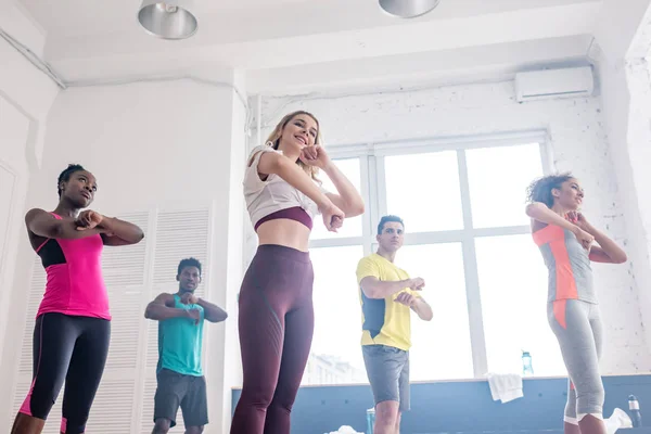Low Angle View Multicultural Dancers Exercising Zumba Together Dance Studio — 스톡 사진