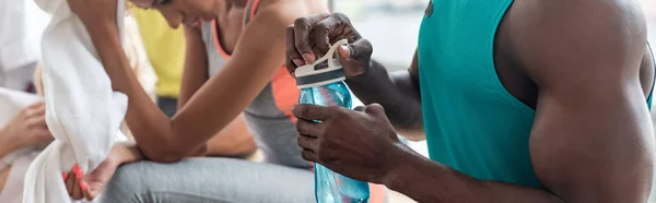 Panoramic Shot African American Zumba Dancer Holding Sports Bottle While — 스톡 사진