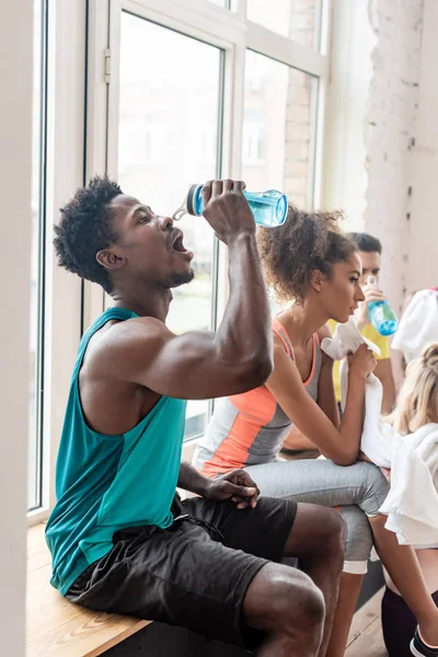 Side View Multicultural Dancers Drinking Water While Resting Dance Studio — 스톡 사진