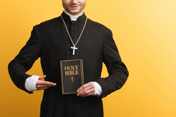 Cropped View Catholic Priest Pointing Finger Holy Bible Isolated Yellow — Stok fotoğraf