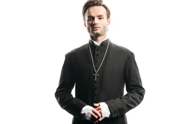 Young Confident Catholic Priest Looking Camera Isolated White — Stock Photo, Image