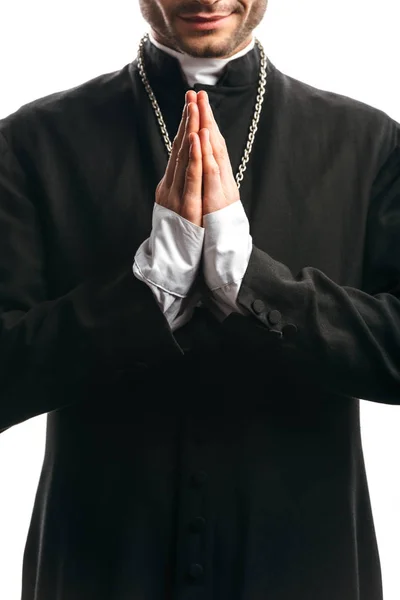 Partial View Catholic Priest Black Cassock Praying Isolated White — Stock Photo, Image