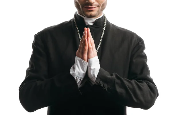 Cropped View Catholic Priest Black Cassock Praying Isolated White — ストック写真