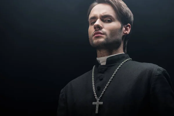 Low Angle View Young Tense Catholic Priest Looking Camera Isolated — Stock Photo, Image