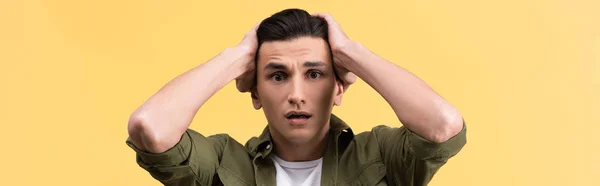 Panoramic Shot Worried Young Man Isolated Yellow — Stock Photo, Image