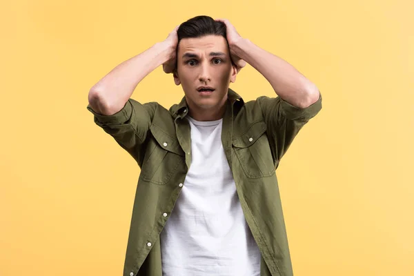 Portrait Worried Young Man Isolated Yellow — Stok fotoğraf