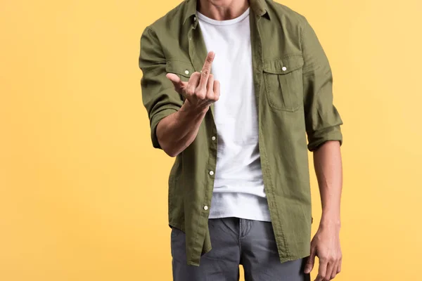 Cropped View Young Man Showing Middle Finger Isolated Yellow — ストック写真