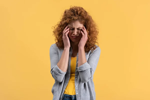 Beautiful Redhead Upset Girl Crying Isolated Yellow — 스톡 사진