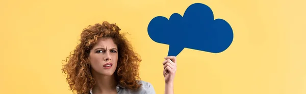 Panoramic Shot Confused Girl Holding Empty Speech Bubble Shape Cloud — Stok fotoğraf