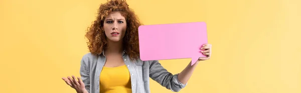 Panoramic Shot Worried Girl Holding Empty Pink Speech Bubble Isolated — Stok fotoğraf