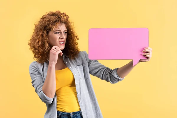 Worried Woman Looking Empty Pink Speech Bubble Isolated Yellow — Stock Photo, Image