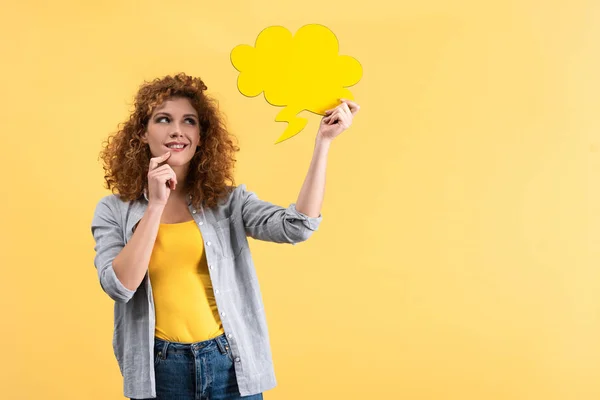 Dreamy Girl Looking Empty Speech Bubble Shape Cloud Isolated Yellow — Stockfoto