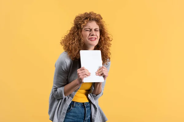 Stressed Girl Holding Digital Tablet Isolated Yellow — Stock Photo, Image