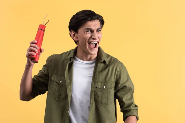 Angry Young Man Yelling Holding Dynamite Sticks Isolated Yellow — 스톡 사진