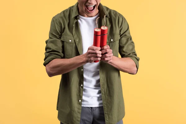 Cropped View Angry Man Yelling Holding Dynamite Sticks Isolated Yellow — Stock Photo, Image