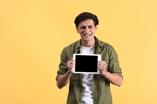 Stressed Man Showing Digital Tablet Blank Screen Isolated Yellow — Stock Photo, Image