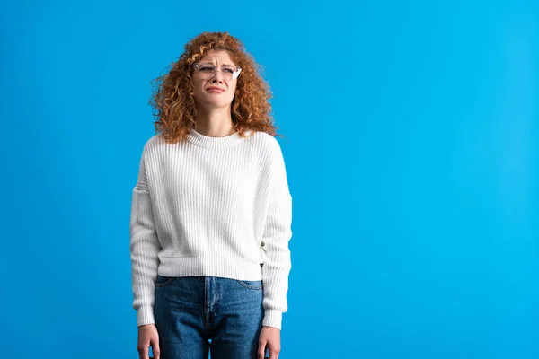 Crying Redhead Girl Eyeglasses Isolated Blue — Stock Photo, Image