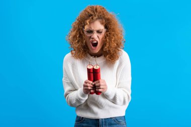 angry yelling woman in eyeglasses holding dynamite, isolated on blue