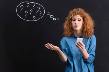skeptical woman using smartphone, question marks in thought bubble on blackboard behind 