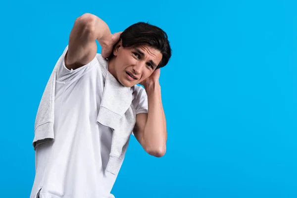 Portrait Frightened Young Man Isolated Blue — Stock Photo, Image