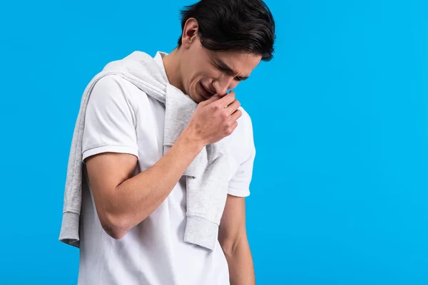 Portrait Stressed Crying Young Man Isolated Blue — Stok fotoğraf