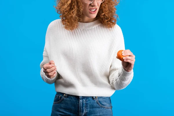 Cropped View Angry Girl Squeezing Stress Ball Isolated Blue — 图库照片