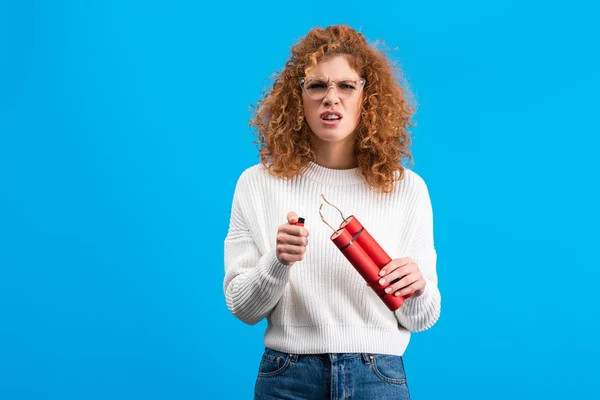 Irritated Woman Eyeglasses Holding Dynamite Lighter Isolated Blue — Stockfoto