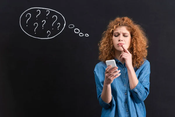 Pensive Woman Using Smartphone Question Marks Thought Bubble Blackboard — Stock Photo, Image