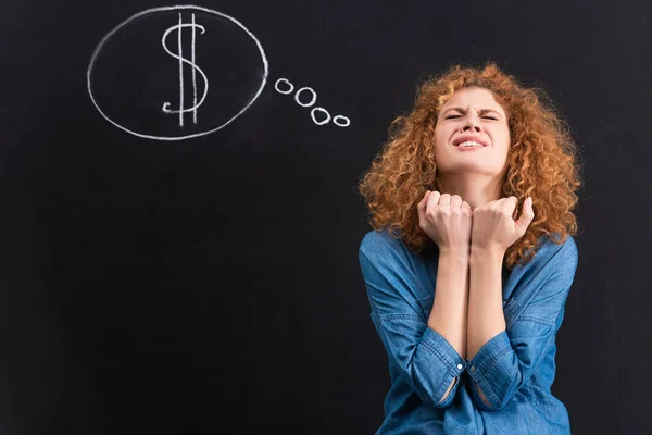 Worried Redhead Girl Dollar Sign Thought Bubble Blackboard — Stock Photo, Image