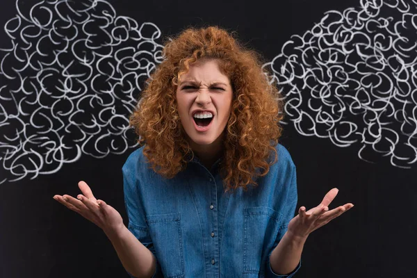 Aggressive Yelling Redhead Girl Steam Drawing Blackboard — Stock Photo, Image