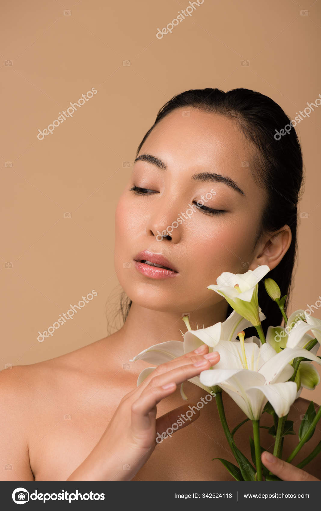 Beautiful Naked Asian Girl White Lilies Looking Away Isolated Beige