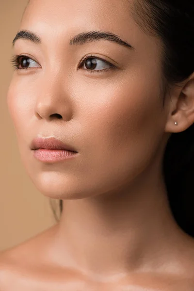 Beautiful Naked Asian Girl Looking Away Isolated Beige — Stock Photo, Image