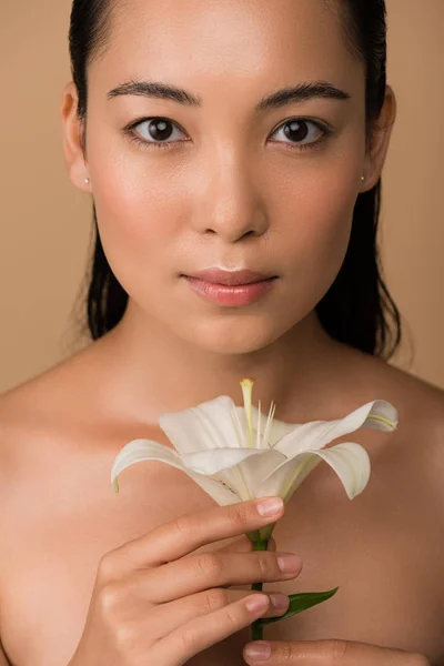 Bonito Ásia Menina Segurando Branco Lírio Isolado Bege — Fotografia de Stock