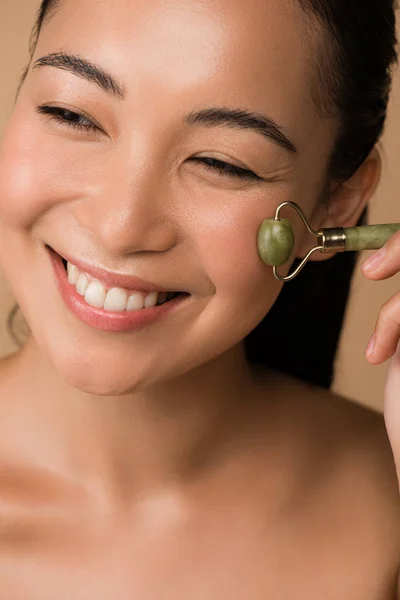 Happy Beautiful Naked Asian Girl Massaging Face Jade Roller Isolated — Stock Photo, Image