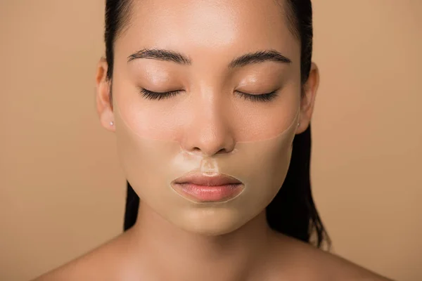 Beautiful Naked Asian Girl Closed Eyes Hydrogel Mask Face Isolated — Stock Photo, Image