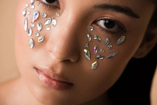 Close View Beautiful Naked Asian Girl Rhinestones Face Isolated Beige — Stock Photo, Image