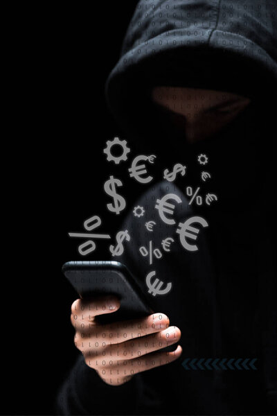 selective focus of hacker using smartphone near money symbols on black 