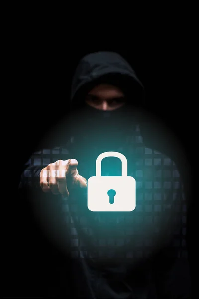 Вибірковий Фокус Хакера Капоті Вказуючи Пальцем Ілюстрацію Блокування Чорному — стокове фото